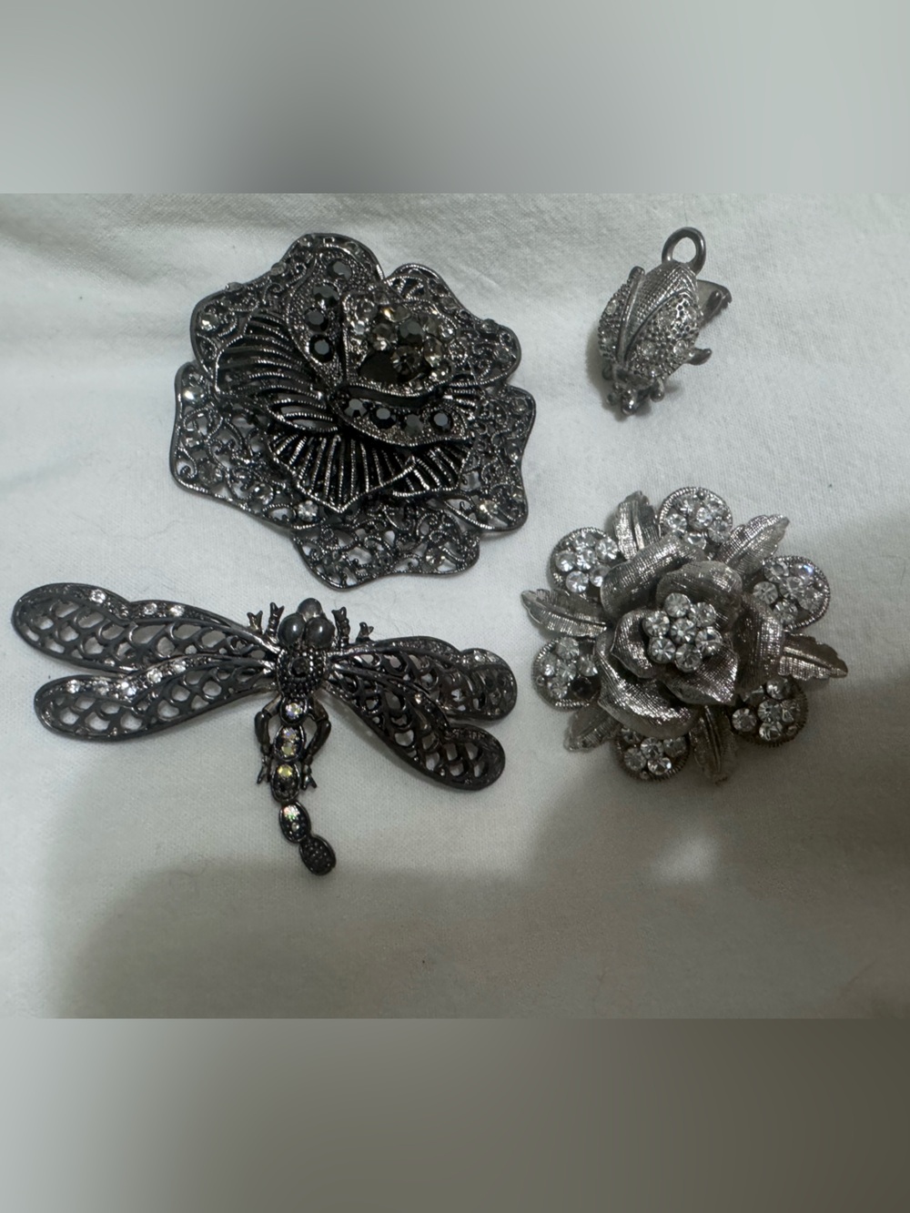 Le Chateau-Silver-Tone Floral & Dragonfly Brooch Set - Sparkling Rhinestones